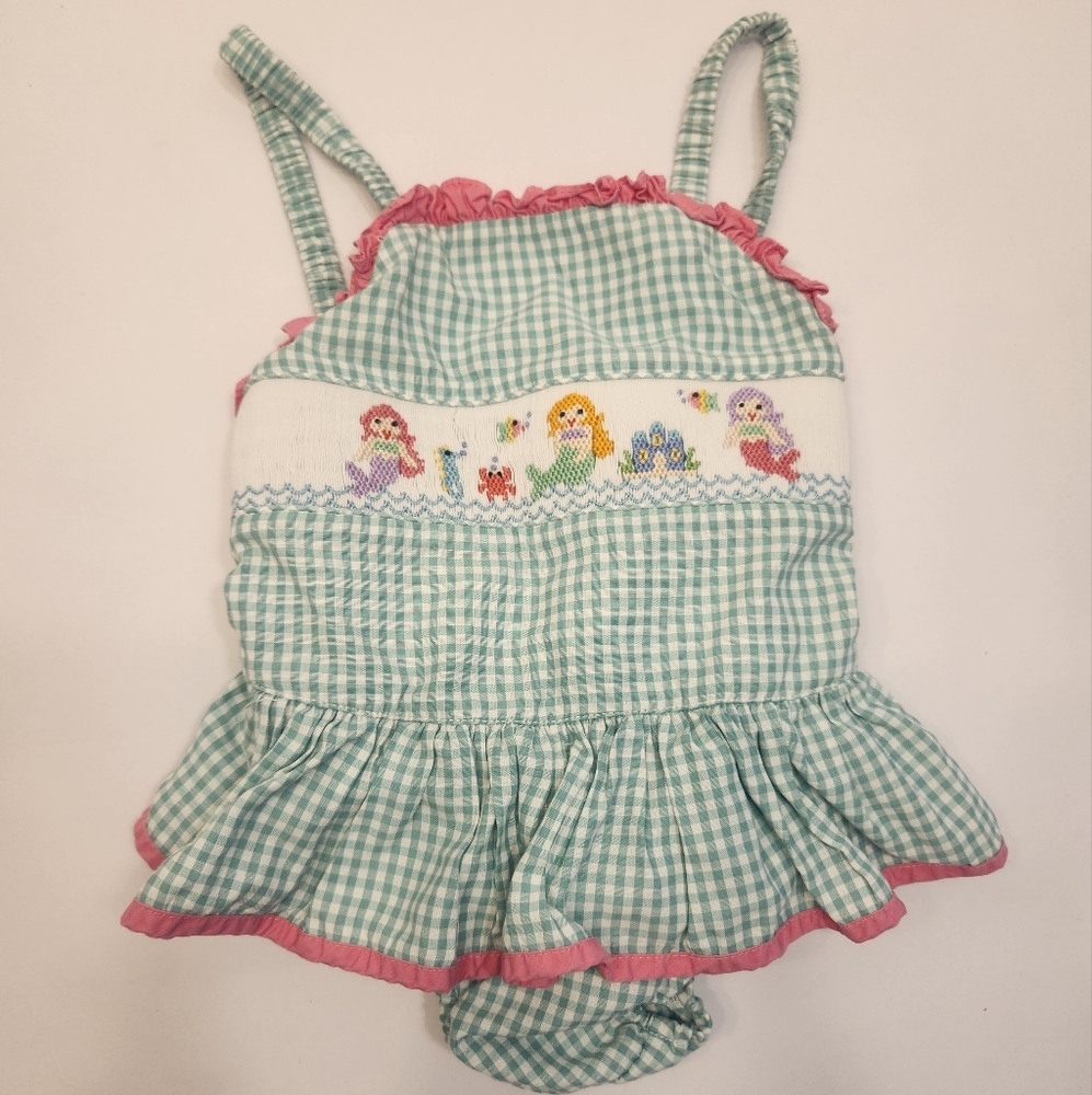 Avalini Hand Smocked Green and Pink  Gingham Mermaid Romper Size 3